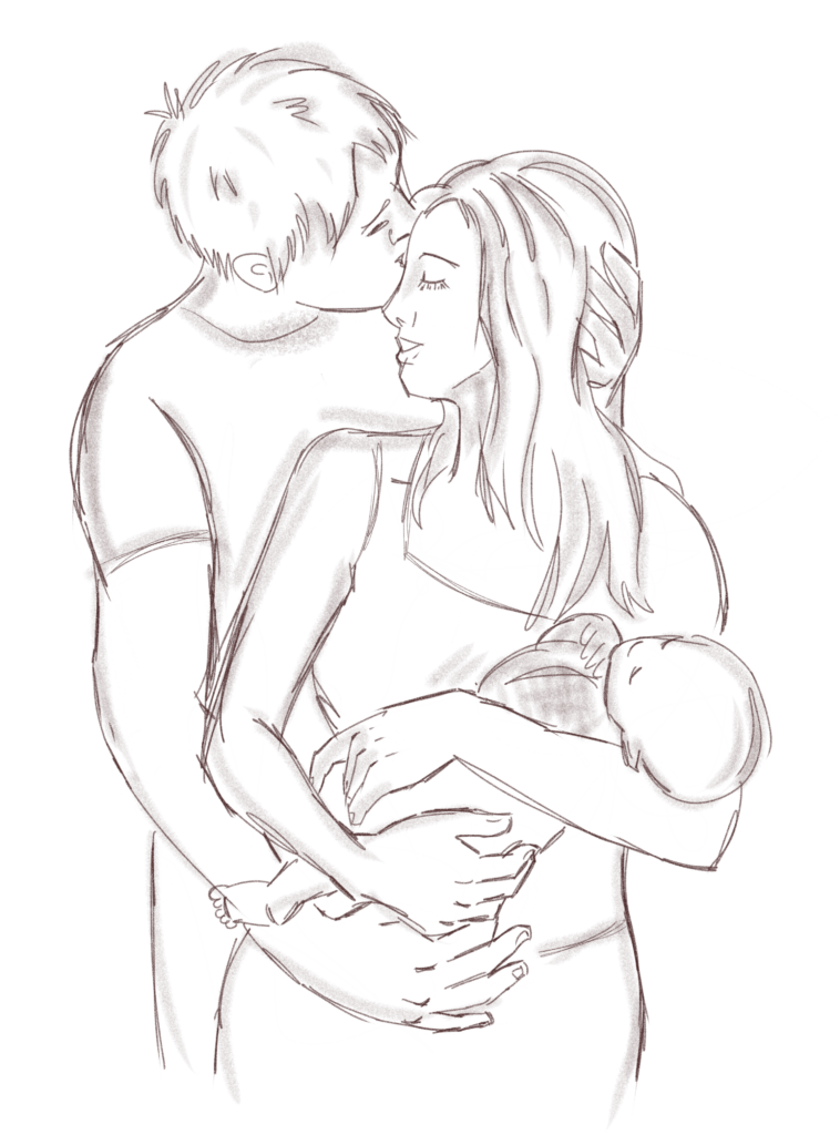 Dessin au trait représentant un père embrassant sa conjointe sur le front pendant qu'elle tient dans ses bras un bébé